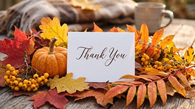 Autumnal thank you card with pumpkin and fall foliage still life