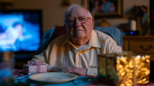 Elderly man sits alone at a set dining table for one during the holiday season, a single wrapped gift beside his plate, television glow casting blue light across the otherwise dim room, framed famil