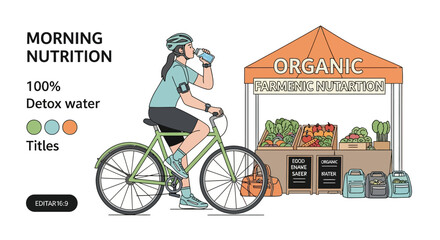 Fototapeta premium Woman cyclist drinking detox water at organic market stall.