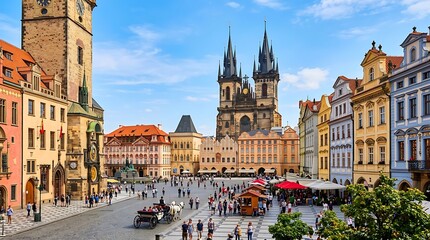 Obraz premium Historic Old Town Square Featuring Iconic Gothic Architecture and Lively Tourist Atmosphere in a European Capital City Landmark