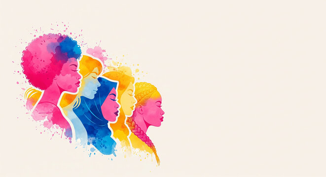 Vibrant watercolor artwork depicting multiple face profiles in flowing colors, symbolizing diversity and creative expression
