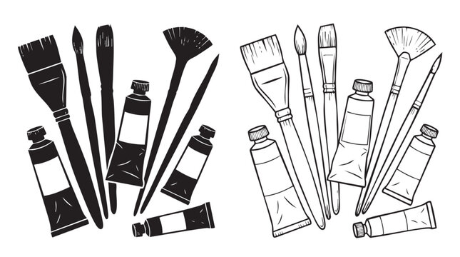 paintbrushes and tubes silhouette with line art vector icon silhouette witn line art silhouette witn line art vector icon