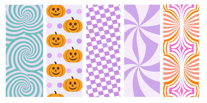 Psychedelic Pattern Collection Featuring Swirls Pumpkins And Checkerboard Designs