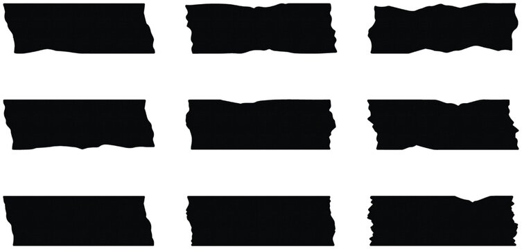 Set of nine black vector graphic tape strips with torn edges for modern creative design projects