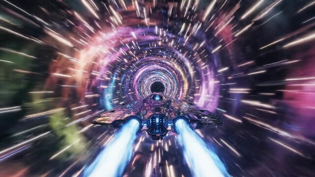 Spaceship traveling through a colorful wormhole, warp speed, light streaks, cosmic journey, intergalactic travel, science fiction exploration