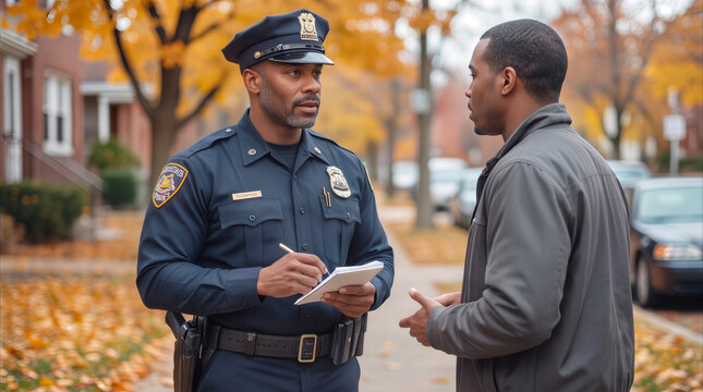 Patrol officer interviewing witness on residential street during autumn. Law enforcement professional taking notes while talking to young man in suburban neighborhood.