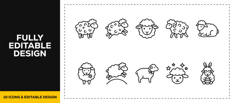 flat vector illustration line art icon bundle set design highlighting fluffy farm sheep cute domestic animals natural agricultural livestock and white wool lamb graphic