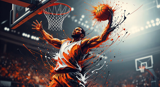 Basketball player dunking in a dramatic illustration with a burst of colorful light, capturing intensity and athleticism