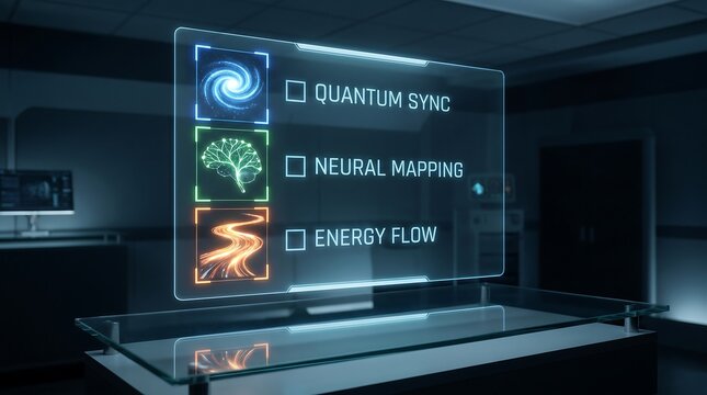 A futuristic holographic display showing options for quantum sync, neural mapping, and energy flow in a modern science laboratory.