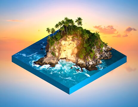 Miniature tropical island in a digital seascape