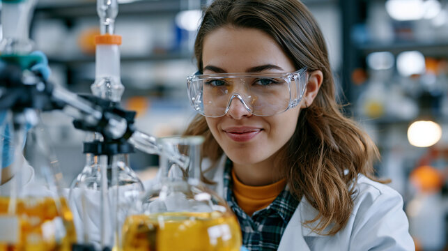 Nutrition scientist in protective goggles operating a rotary evaporator concentrating pea protein extract in a university food technology laboratory as part of a plant based protein research project