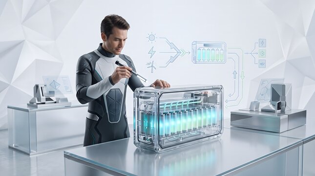 Futuristic engineer examining a high-tech sustainable green energy battery storage unit in a modern laboratory.