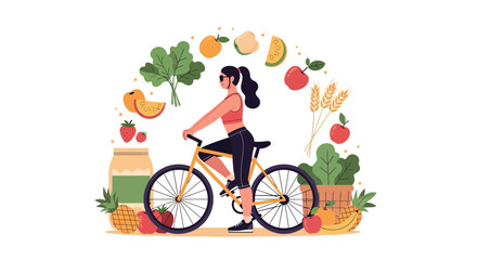 Fototapeta premium Woman riding bicycle surrounded by fresh fruits and vegetables.