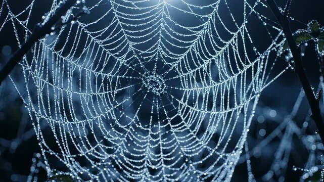 Close up of a dew covered spider web at dawn, intricate delicate geometric pattern glistening with water droplets, natural background, ethereal morning light