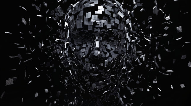 Deconstructed human head made of dark metallic shards shattering against black background. Digital fragmentation and identity loss concept.