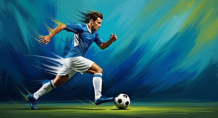 Naklejka premium Illustrated soccer player kicking the ball in dynamic motion, capturing energy, speed and World Cup football action
