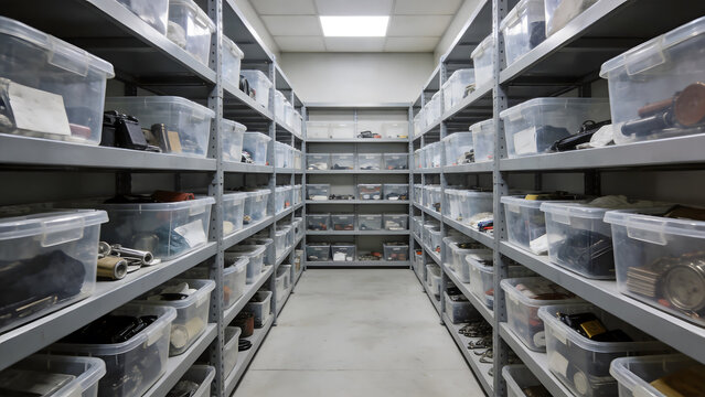 confiscated. Organized storage shelves with confiscated items in clear containers in an institutional setting. real-estate listings.