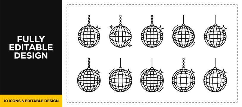 flat vector illustration line art icon bundle set design depicting shining disco balls retro party lightings festive club dance events and musical entertainment graphic