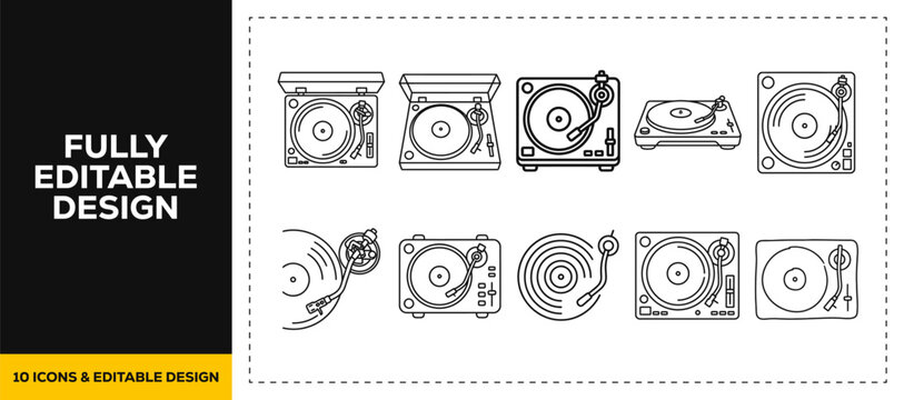 flat vector illustration line art icon bundle set design representing classical vinyl records vintage audio turntables retro music playing and dj stereo sound equipments