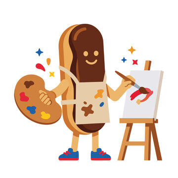 Happy chocolate eclair character painting on an easel.
