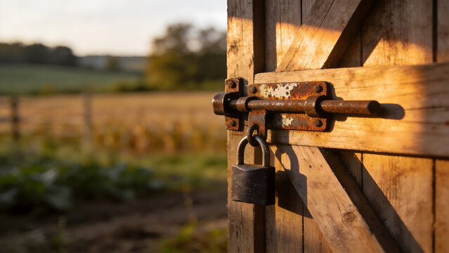 A weathered rusty hasp and padlock on a rustic barn door.