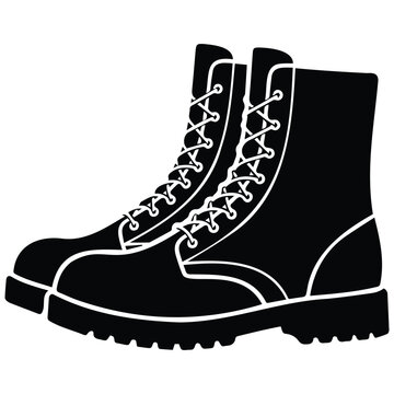 Army footwear pair vector silhouette illustration of military combat boots with line art.