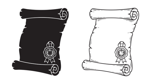 silhouette witn line art vector icon parchment scroll with seal