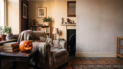 Obraz premium Glowing carved halloween pumpkin on wooden table in cozy vintage living room with armchair, fireplace and blank beige wall with copy space.