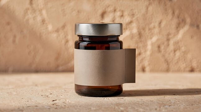 Amber glass jar with blank label for product branding and packaging.