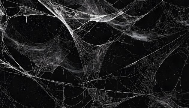 Dense white spider web cobweb overlay texture isolated on dark black background, creepy halloween fear network concept graphic design asset for presentation backdrop, Generative AI