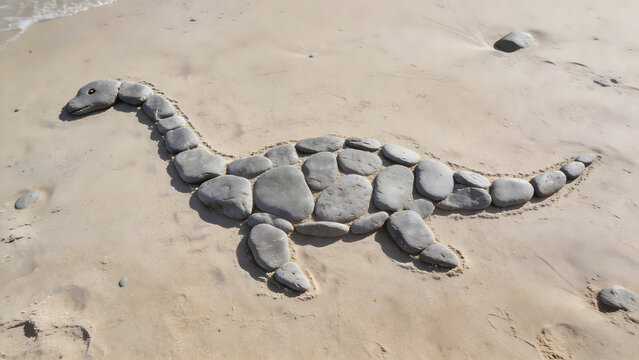 Outline of a plesiosaur made from grey river stones on a sandy beach.