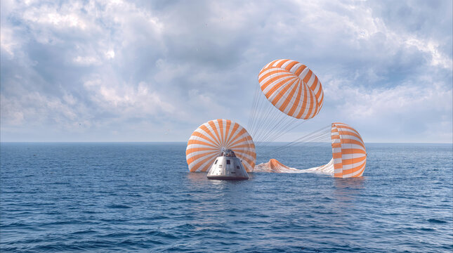 Capsule landing in open ocean after atmospheric reentry. Command module floating in blue water with three orange and white striped parachutes during recovery mission.