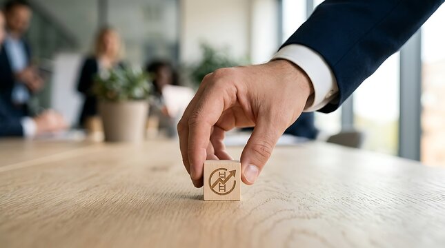 Business professional placing wooden cube with growth chart icon on office desk, corporate success and financial strategy concept