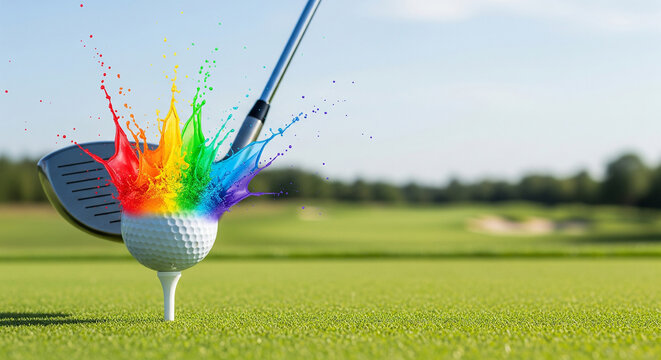 Golf club striking the ball in a burst of colorful paint splash, representing dynamic sport and precision