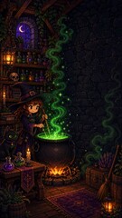 Fototapeta premium Young witch brewing a glowing green potion inside a magical fantasy workshop filled with mysterious objects