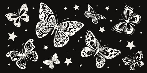 White Butterflies And Stars Detailed Vector Illustration On Black Background © gita