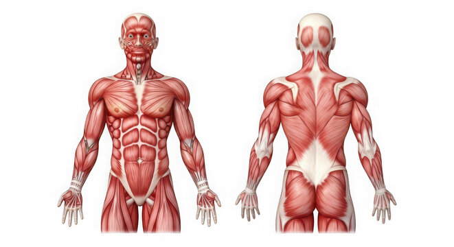 Front and back view of human muscular system anatomy diagram