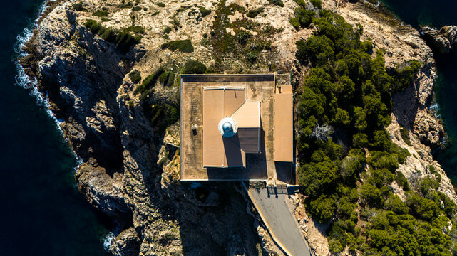 Aerial top down view of Mallorca lighthouse