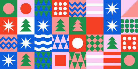 Obraz premium Geometric christmas pattern with trees circles and starburst shapes