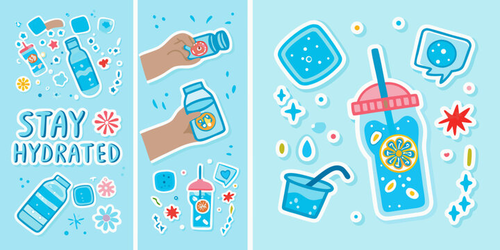 Water bottles glasses and ice cubes vector illustration with blue background