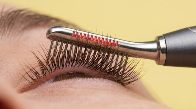 Macro view of heated electric eyelash curler comb lifting and styling woman long dark eyelashes