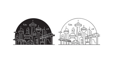 city silhouette with line art vector icon, retro futuristic design © Shamsul