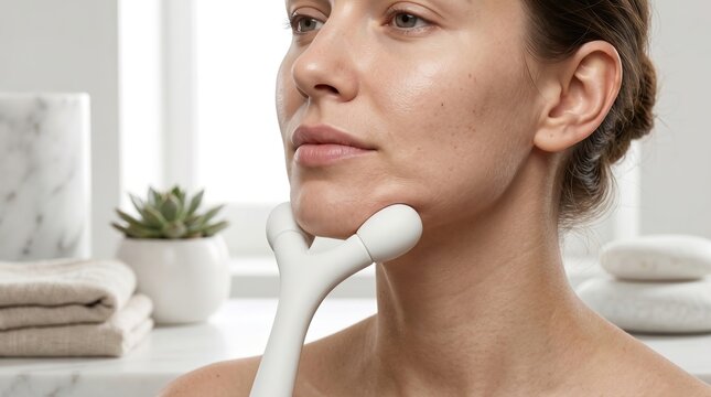 Low angle view of woman lifting jawline contour with innovative white microcurrent Y shaped roller