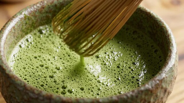 Close up of vibrant green matcha tea being whisked in a traditional ceramic bowl, creating a frothy texture for a healthy beverage
