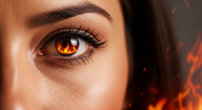 Extreme close up of an eye with fiery flames reflected in the iris, representing intensity, passion and dramatic focus