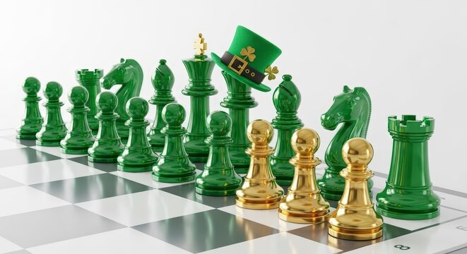 Green and gold chess pieces on board.