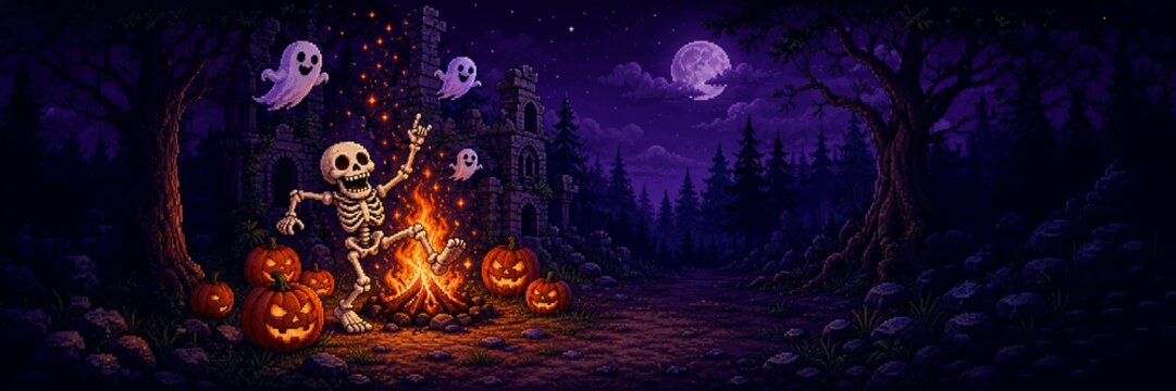 Pixel art skeleton warming beside a campfire with ghosts and pumpkins in a dark forest, playful Halloween adventure concept