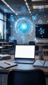 Laptop in a modern classroom with a glowing AI network hologram, illustrating digital education and intelligent learning technology