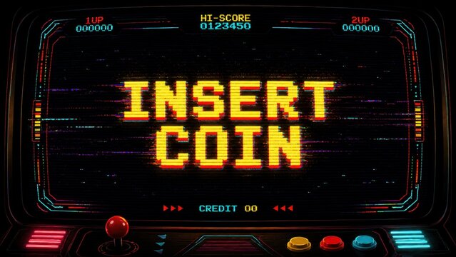 Retro arcade screen displaying Insert Coin with joystick and controls, evoking classic gaming nostalgia and the start of a new game