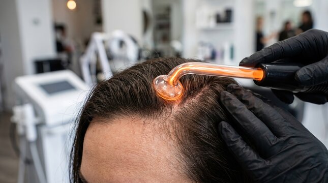 Close up of practitioner using darsonval orange neon mushroom electrode wand for hair loss therapy